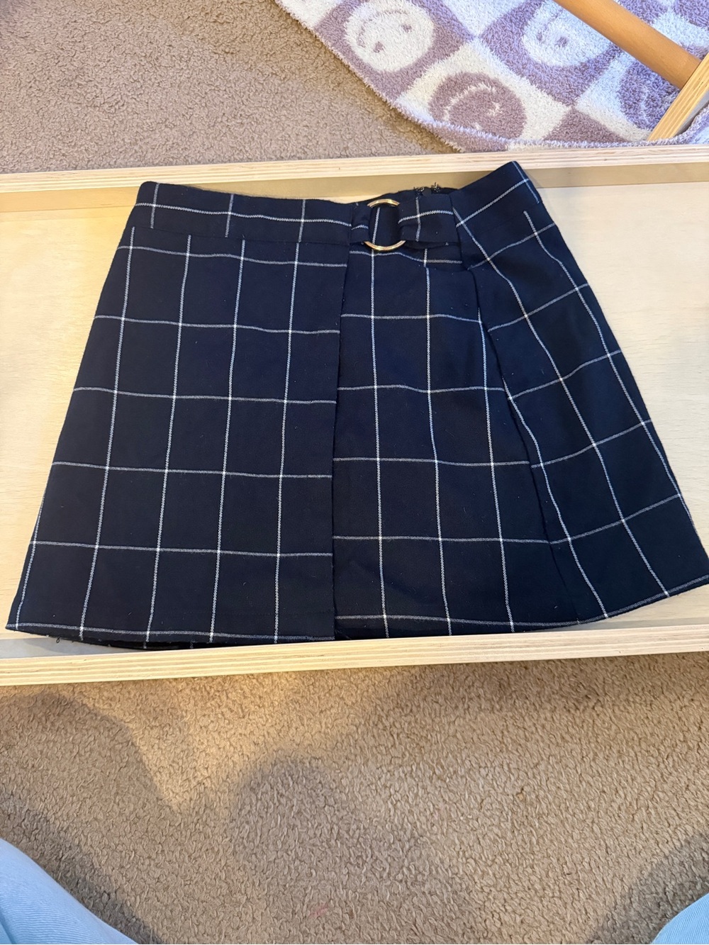 Black plaid Wrap Mini Skirt with Ring Detail